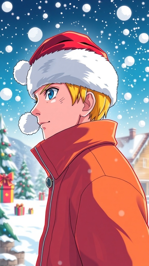 Naruto in a Santa hat with Christmas decorations and snowflakes for a festive profile picture.